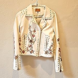 White Moto Jacket with Floral Embroidery & Silver Studs